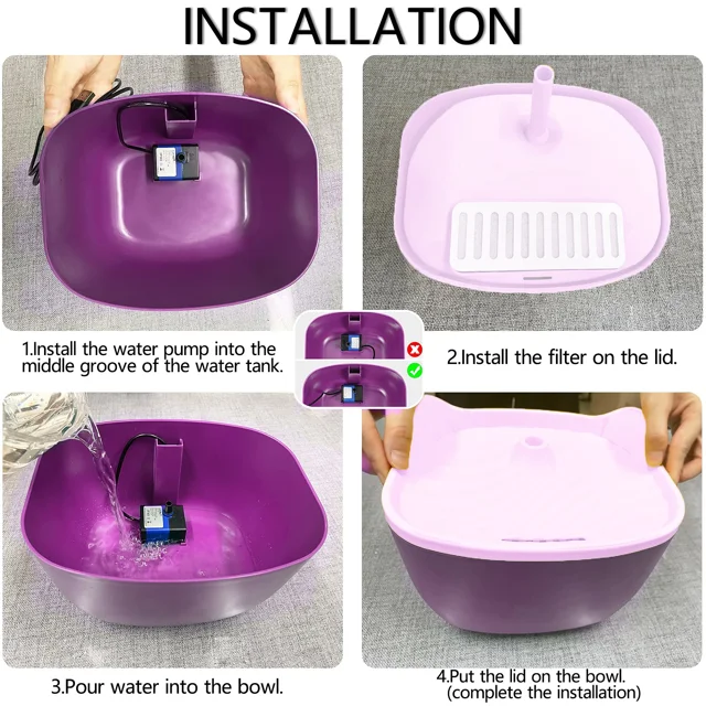 نحوه نصب آبخوری اتوماتیک برند petwater رنگ بادمجانی مخصوص گربه
